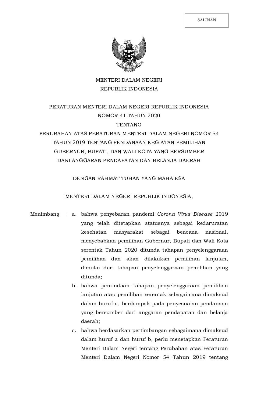 Peraturan Menteri Dalam Negeri No 41 Tahun 2020 Tentang Perubahan Atas ...