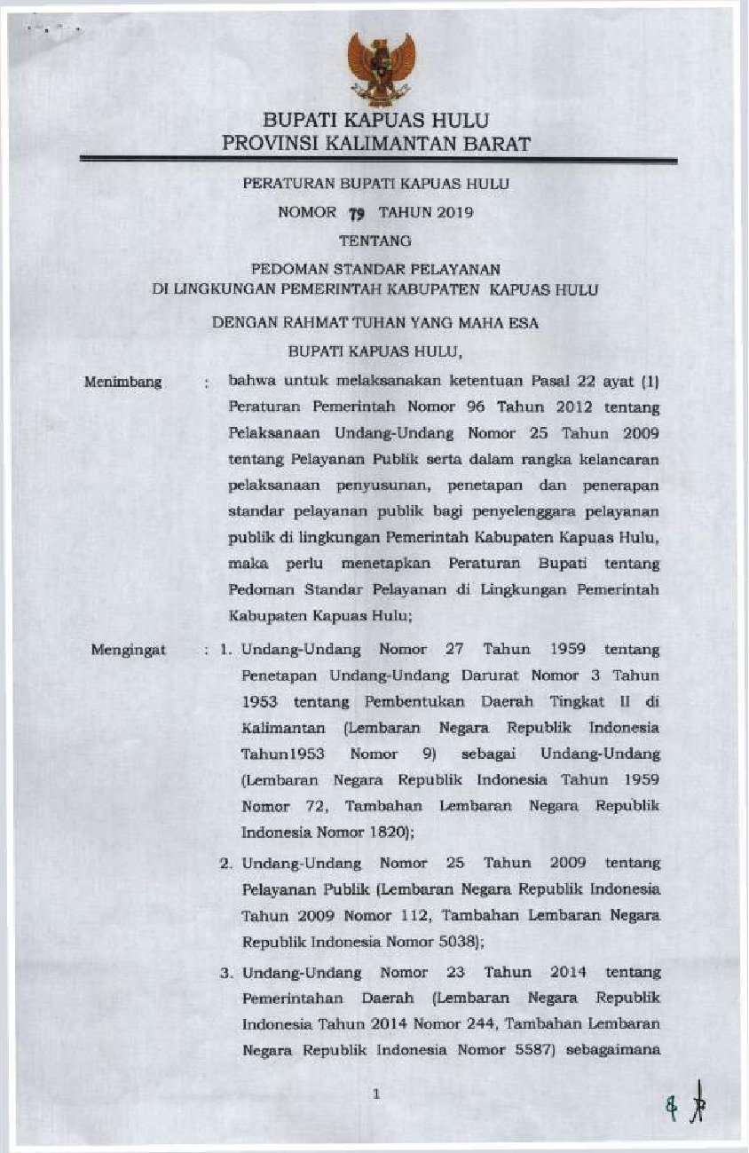 Peraturan Bupati Kapuas Hulu No 79 tahun 2019 tentang Pedoman Standar Pelayanan di Lingkungan Pemerintah Kabupaten Kapuas Hulu