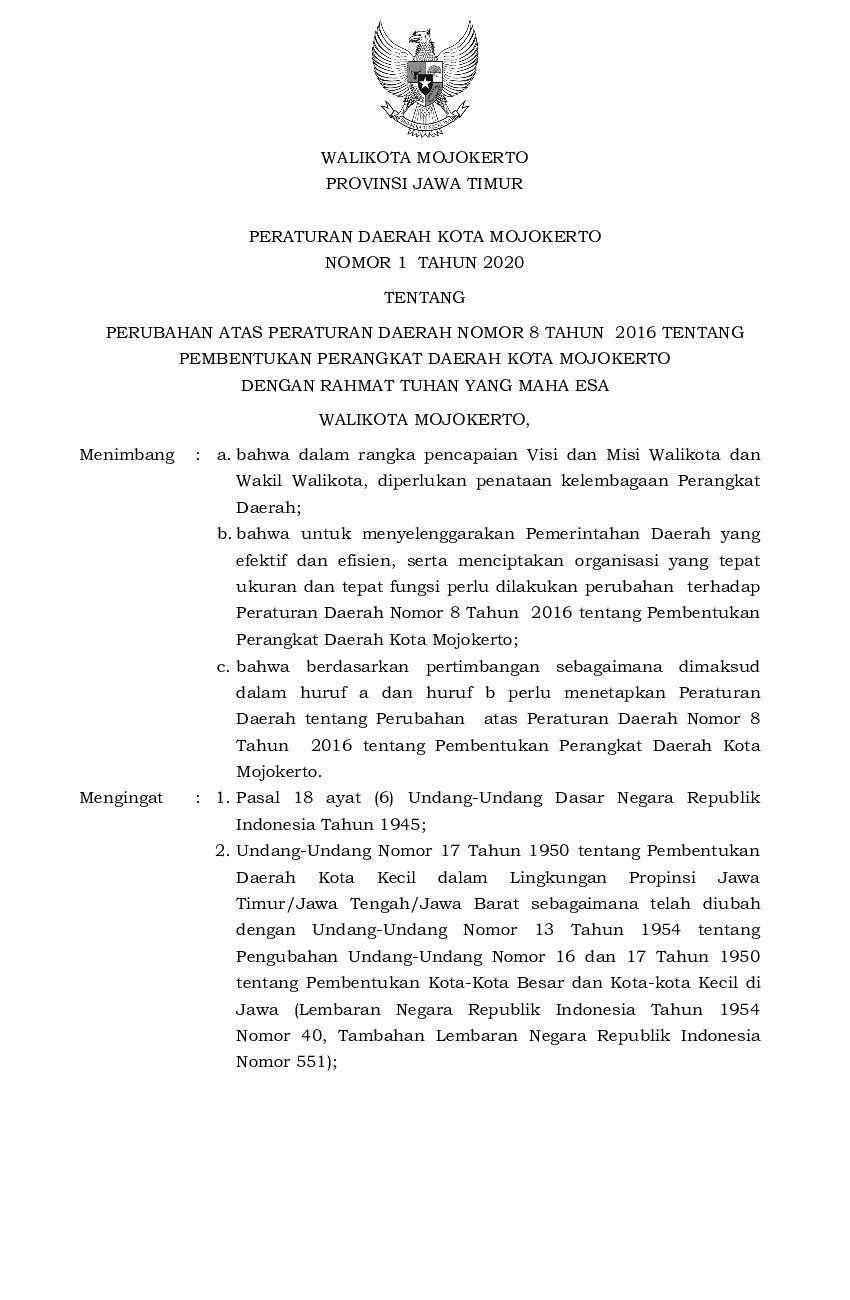 Peraturan Daerah Kota Mojokerto No 1 tahun 2020 tentang Perubahan atas Peraturan Daerah Nomor 8 Tahun 2016 tentang Pembentukan Perangkat Daerah Kota Mojokerto