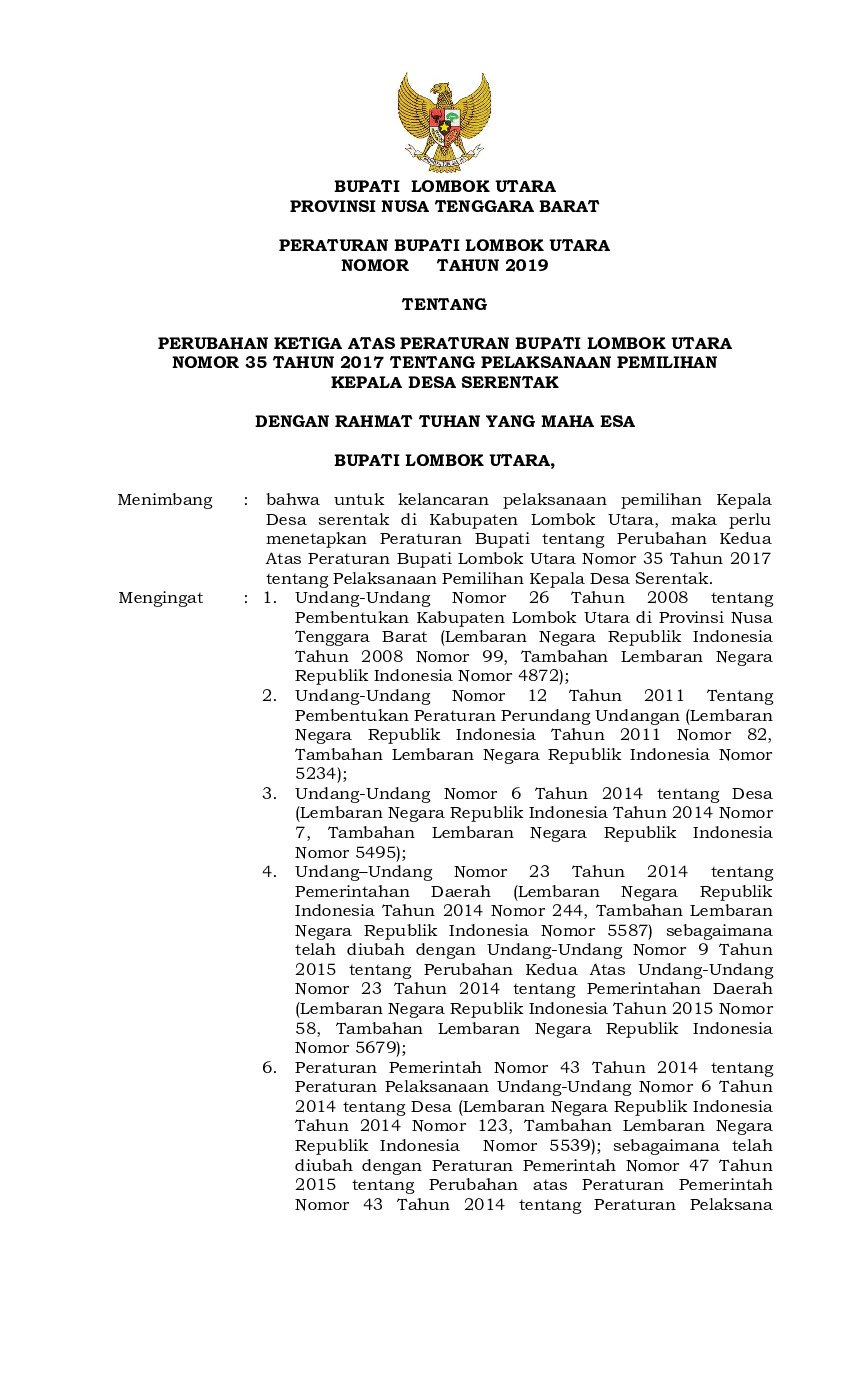 Peraturan Bupati Lombok Utara No 25 tahun 2019 tentang Perubahan Ketiga atas Peraturan Bupati Lombok Utara Nomor 35 Tahun 2017 tentang Pelaksanaan Pemilihan Kepala Desa Serentak