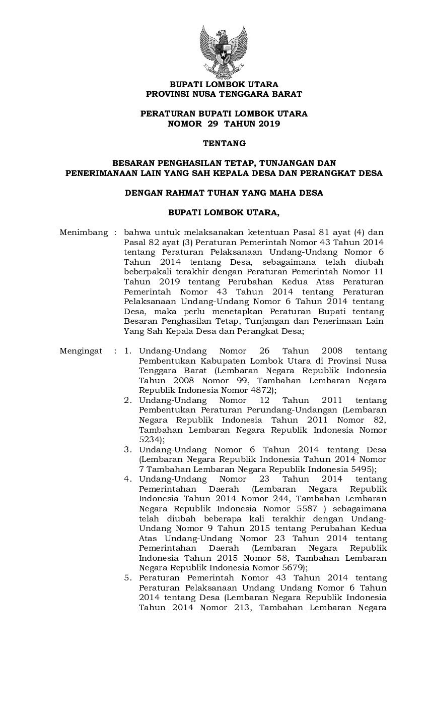 Peraturan Bupati Lombok Utara No 29 tahun 2019 tentang Besaran Penghasilan Tetap, Tunjangan dan Penerimanaan Lain yang Sah Kepala Desa dan Perangkat Desa