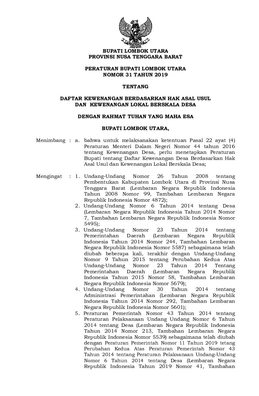 Peraturan Bupati Lombok Utara No 31 tahun 2019 tentang Daftar Kewenangan Berdasarkan Hak Asal Usul dan Kewenangan Lokal Berskala Desa