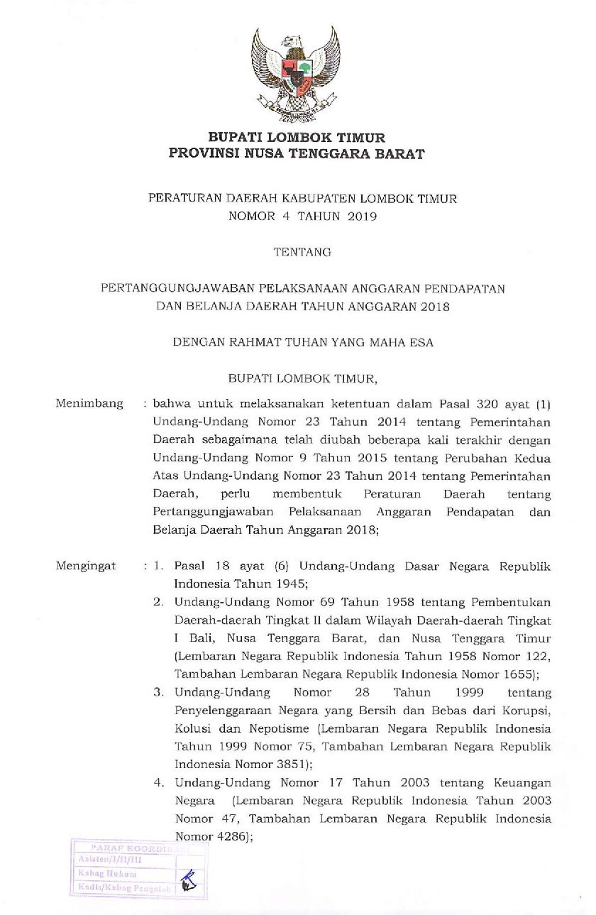 Peraturan Daerah Kab. Lombok Timur No 4 tahun 2019 tentang Pertanggungjawaban Pelaksanaan Anggaran Pendapatan dan Belanja Daerah Tahun Anggaran 2018