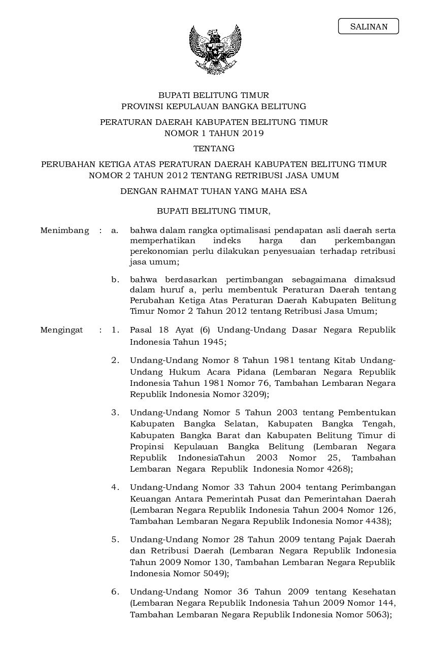 Peraturan Daerah Kab. Belitung Timur No 1 tahun 2019 tentang Perubahan Ketiga Atas Peraturan Daerah Kabupaten Belitung Timur Nomor 2 Tahun 2012 Tentang Retribusi Jasa Umum