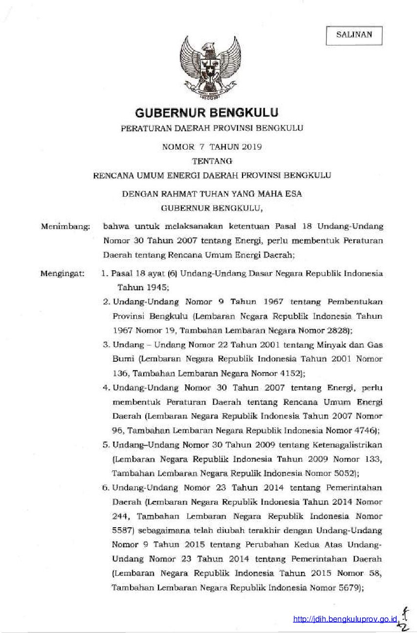 Peraturan Daerah Provinsi Bengkulu No 7 tahun 2019 tentang Rencana Umum Energi Daerah Provinsi Bengkulu