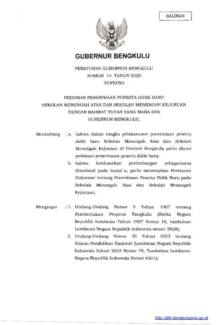 Peraturan Gubernur Bengkulu No 14 tahun 2020 tentang Pedoman Penerimaan Peserta Didik Baru Sekolah Menengah Atas dan Sekolah Menengah Kejuruan