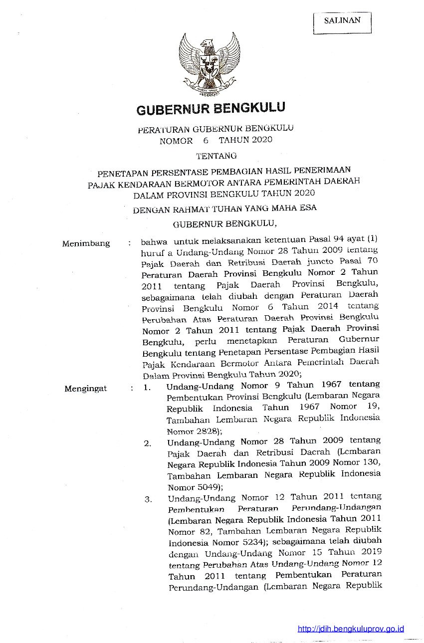 Peraturan Gubernur Bengkulu No 6 tahun 2020 tentang Penetapan Persentase Pembagian Hasil Penerimaan Pajak Kendaraan Bermotor Antara Pemerintah Daerah Dalam Provinsi Bengkulu Tahun 2020