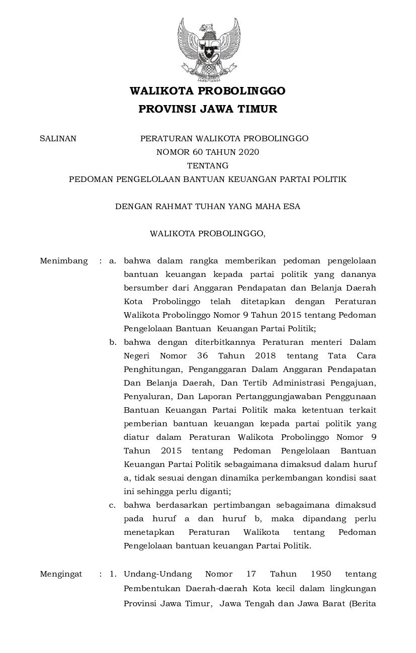 Peraturan Walikota Probolinggo No 60 tahun 2020 tentang Pedoman Pengelolaan Bantuan Keuangan Partai Politik