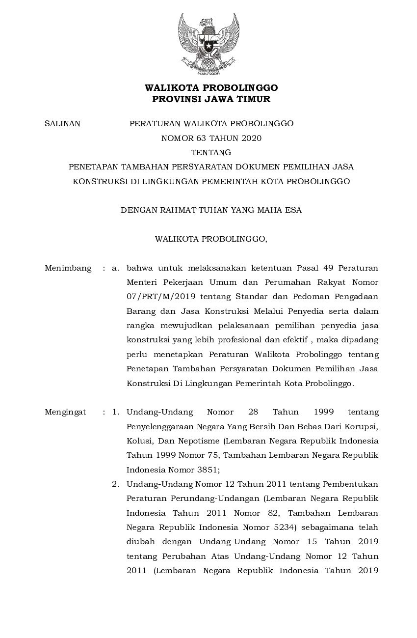 Peraturan Walikota Probolinggo No 63 tahun 2020 tentang Penetapan Tambahan Persyaratan Dokumen Pemilihan Jasa Konstruksi di Lingkungan Pemerintah Kota Probolinggo