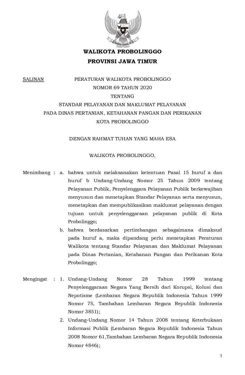 Peraturan Walikota Probolinggo No 69 tahun 2020 tentang Standar Pelayanan dan Maklumat Pelayanan pada Dinas Pertanian, Ketahanan Pangan dan Perikanan Kota Probolinggo