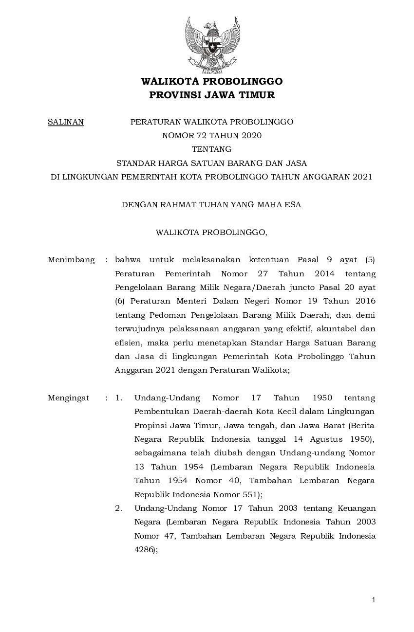 Peraturan Walikota Probolinggo No 72 tahun 2020 tentang Standar Harga Satuan Barang dan Jasa di Lingkungan Pemerintah Kota Probolinggo Tahun Anggaran 2021