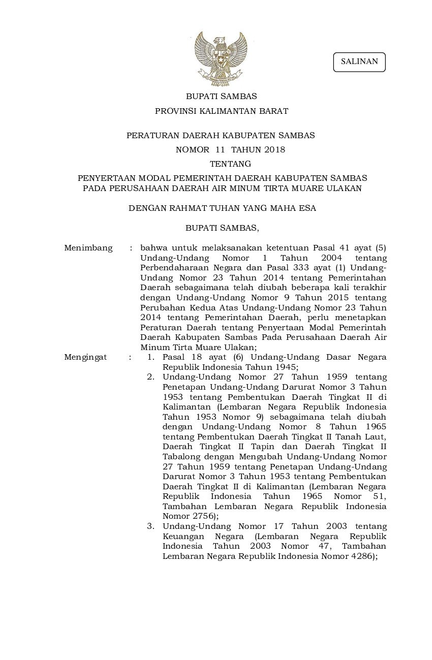 Peraturan Daerah Kab. Sambas No 11 tahun 2018 tentang Penyertaan Modal Pemerintah Daerah Kabupaten Sambas pada Perusahaan Daerah Air Minum Tirta Muare Ulakan