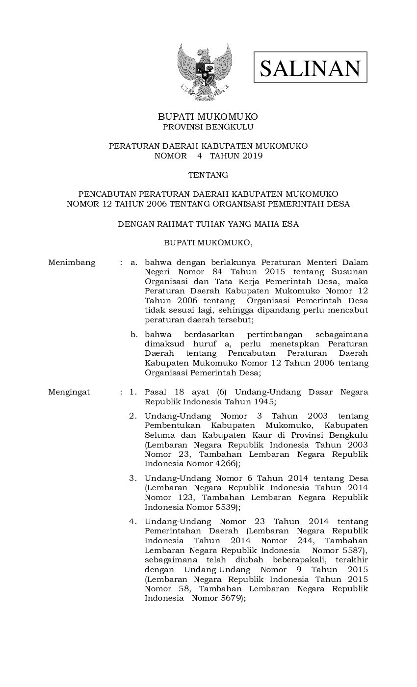 Peraturan Daerah Kab. Muko Muko No 4 tahun 2019 tentang Pencabutan Peraturan Daerah Kabupaten Mukomuko Nomor 12 Tahun 2006 Tentang Organisasi Pemerintah Desa