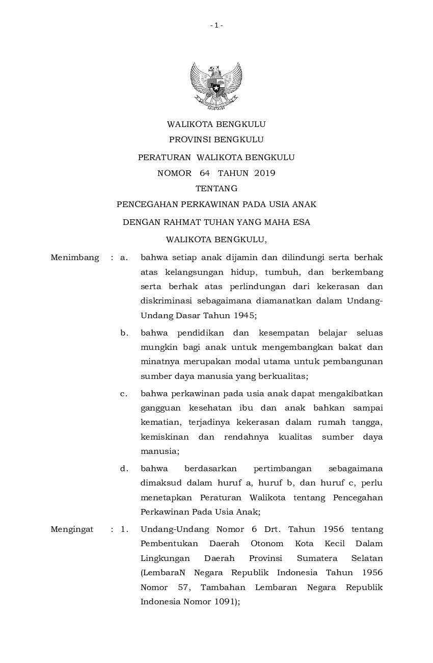 Peraturan Walikota Bengkulu No 64 tahun 2019 tentang Pencegahan Perkawinan Pada Usia Anak