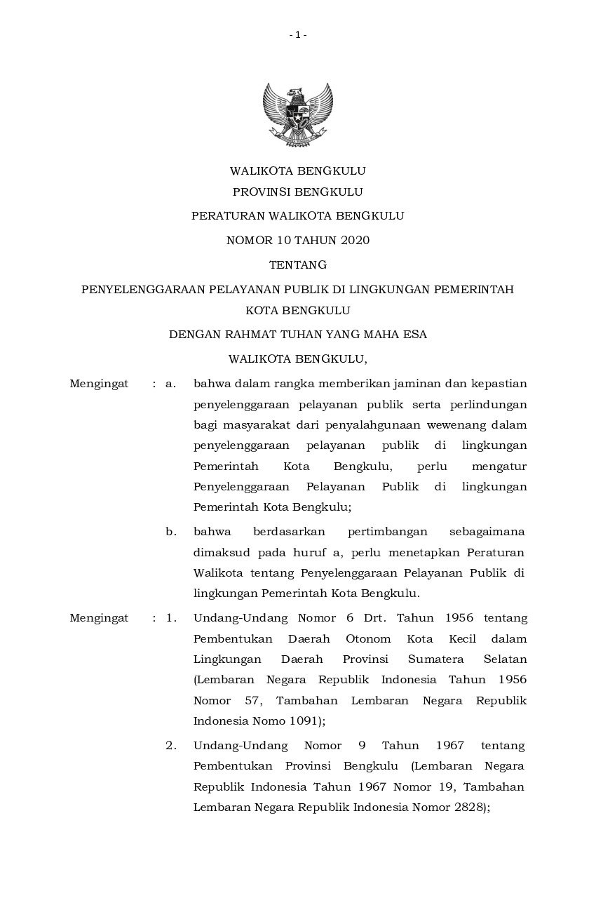 Peraturan Walikota Bengkulu No 10 tahun 2020 tentang Penyelenggaraan Pelayanan Publik di Lingkungan Pemerintah Kota Bengkulu