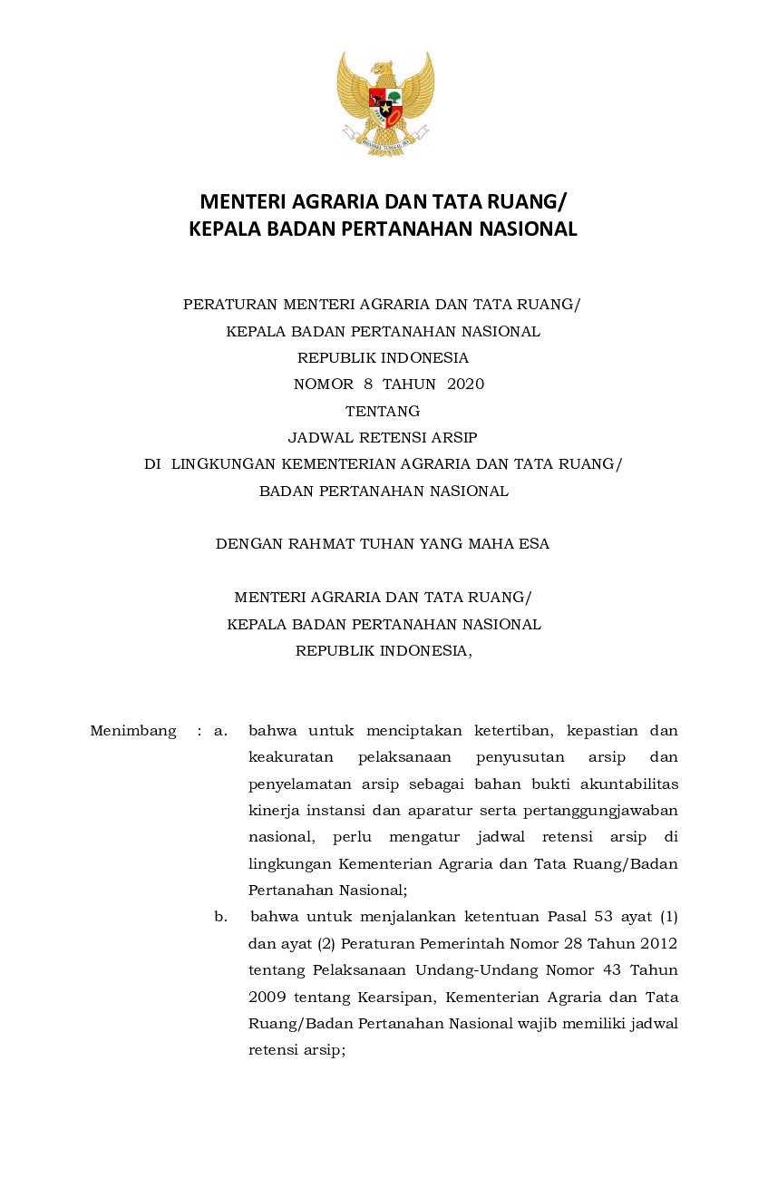 Peraturan Kepala Badan Pertanahan Nasional No 8 tahun 2020 tentang ...