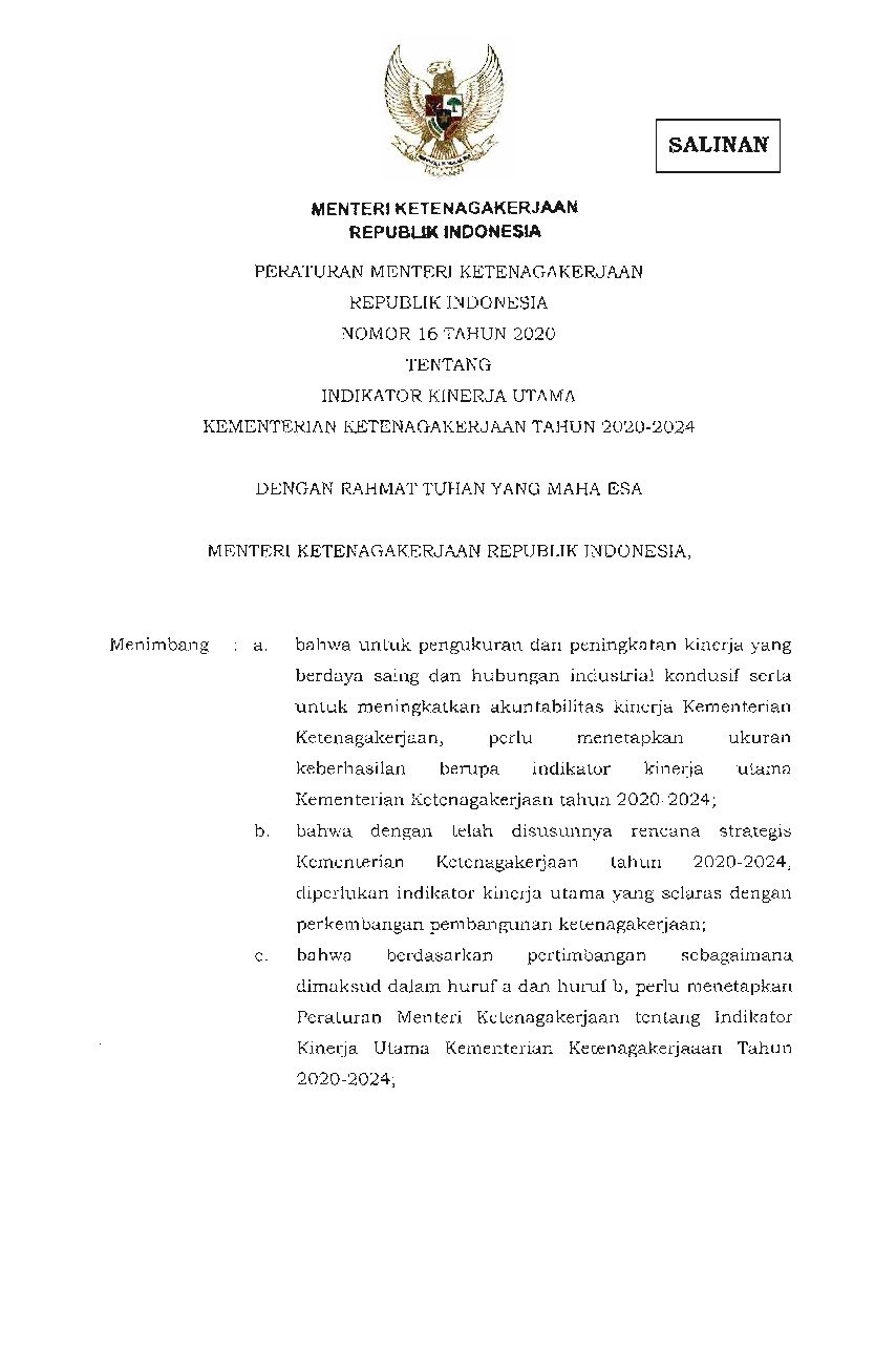 Peraturan Menteri Ketenagakerjaan No 16 Tahun 2020 Tentang Indikator ...