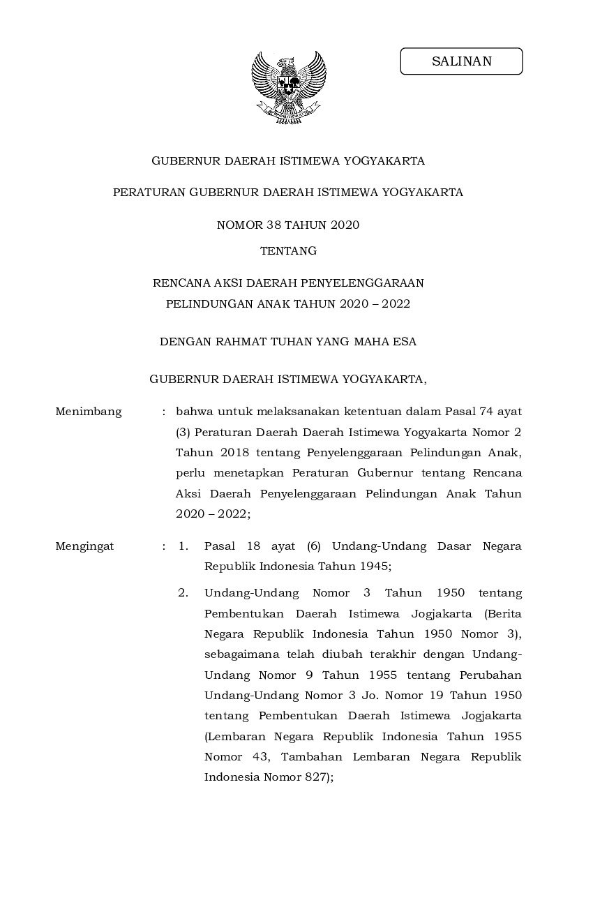 Peraturan Gubernur DI Yogyakarta No 38 tahun 2020 tentang Rencana Aksi Daerah Penyelenggaraan Pelindungan Anak Tahun 2020 - 2022