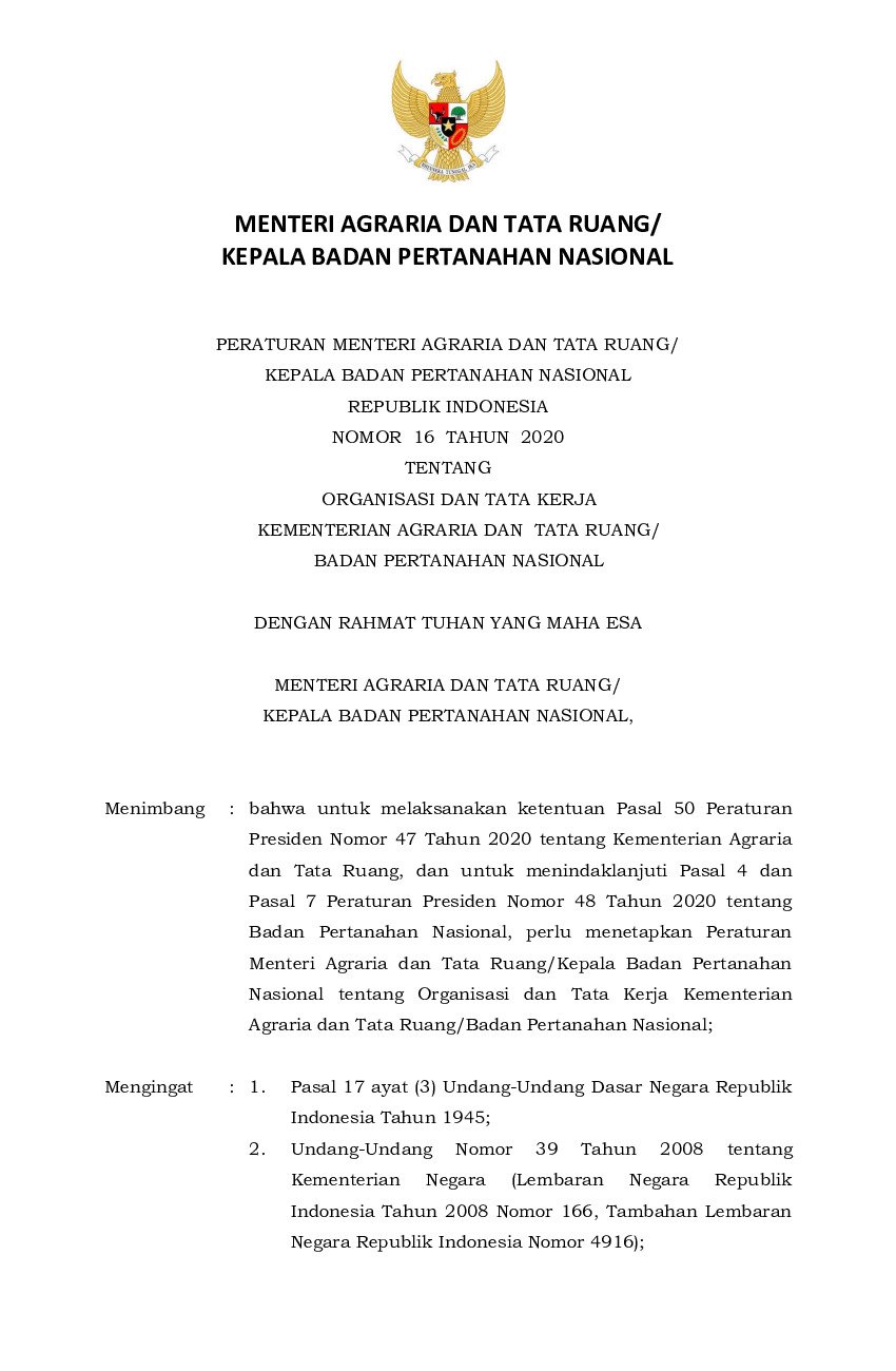 Peraturan Kepala Badan Pertanahan Nasional No 16 Tahun 2020 Tentang ...