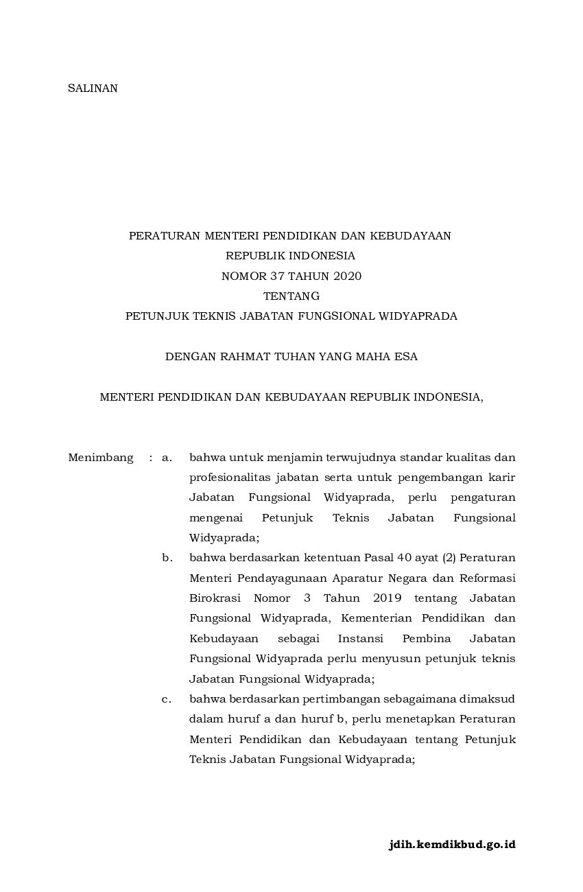 Peraturan Menteri Pendidikan Dan Kebudayaan No 37 Tahun 2020 Tentang ...