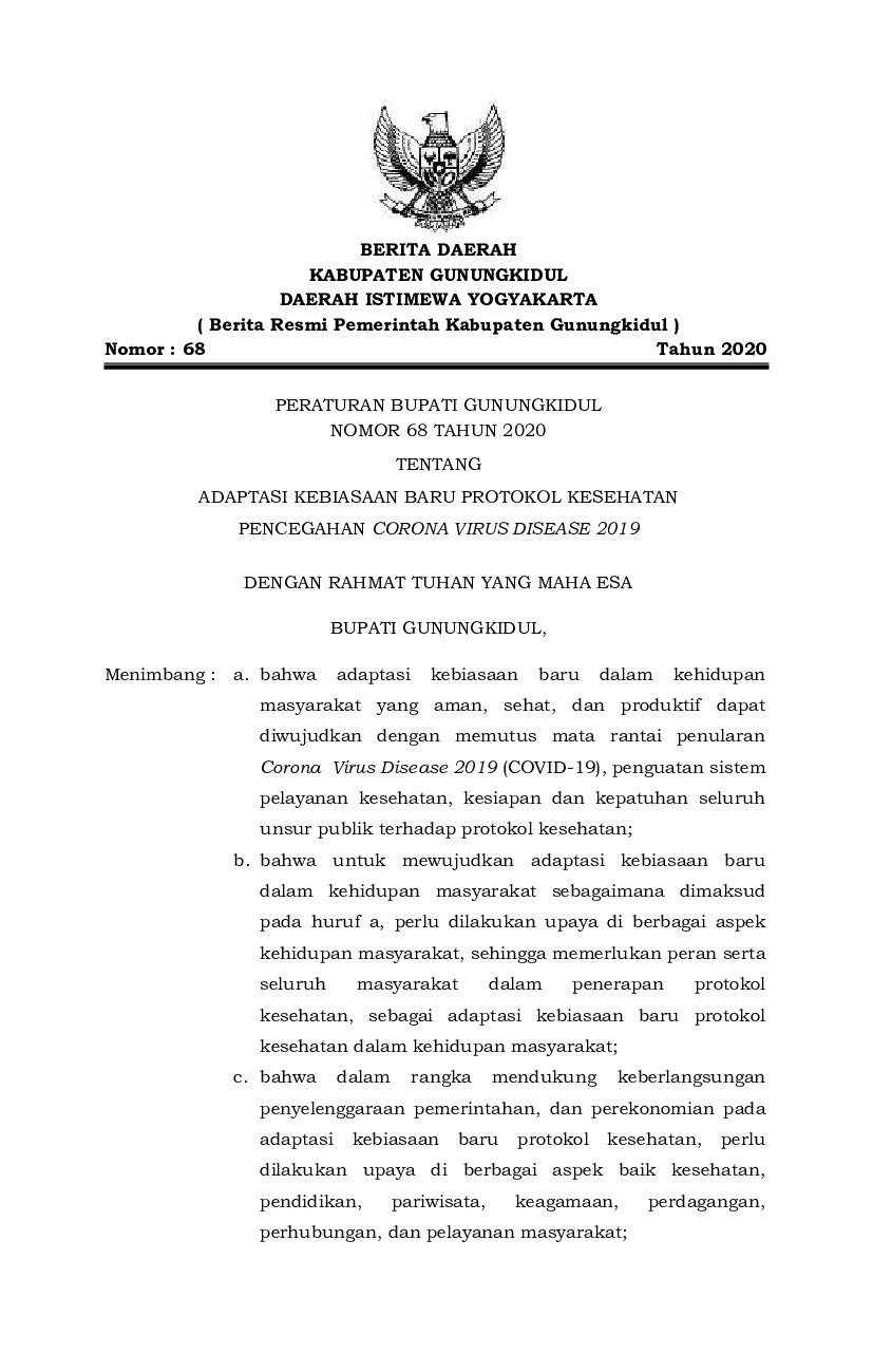 Peraturan Bupati Gunung Kidul No 68 tahun 2020 tentang Adaptasi Kebiasaan Baru Protokol Kesehatan Pencegahan Corona Virus Disease 2019