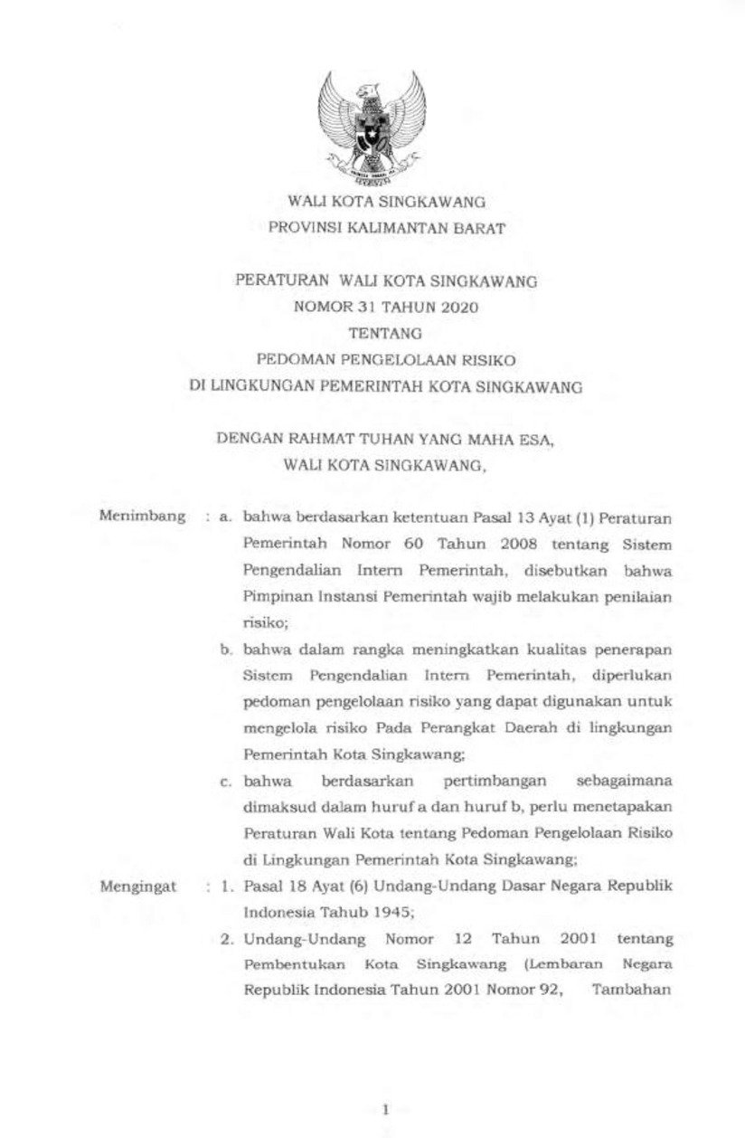 Peraturan Walikota Singkawang No 31 tahun 2020 tentang Pedoman Pengelolaan Risiko di Lingkungan Pemerintah Kota Singkawang