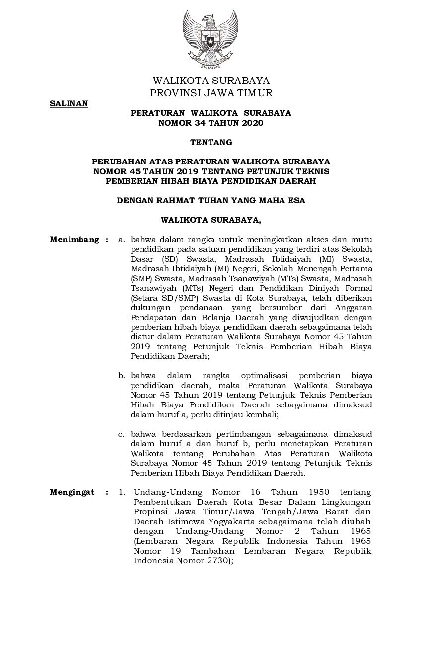 Peraturan Walikota Surabaya No 34 tahun 2020 tentang Perubahan atas Peraturan Walikota Surabaya Nomor 45 Tahun 2019 tentang Petunjuk Teknis Pemberian Hibah Biaya Pendidikan Daerah