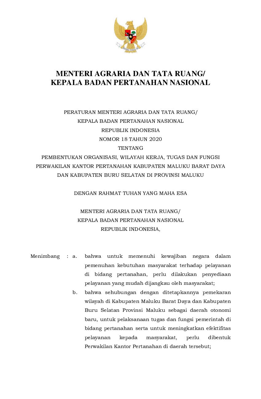 Peraturan Kepala Badan Pertanahan Nasional No Tahun Tentang Pembentukan Organisasi