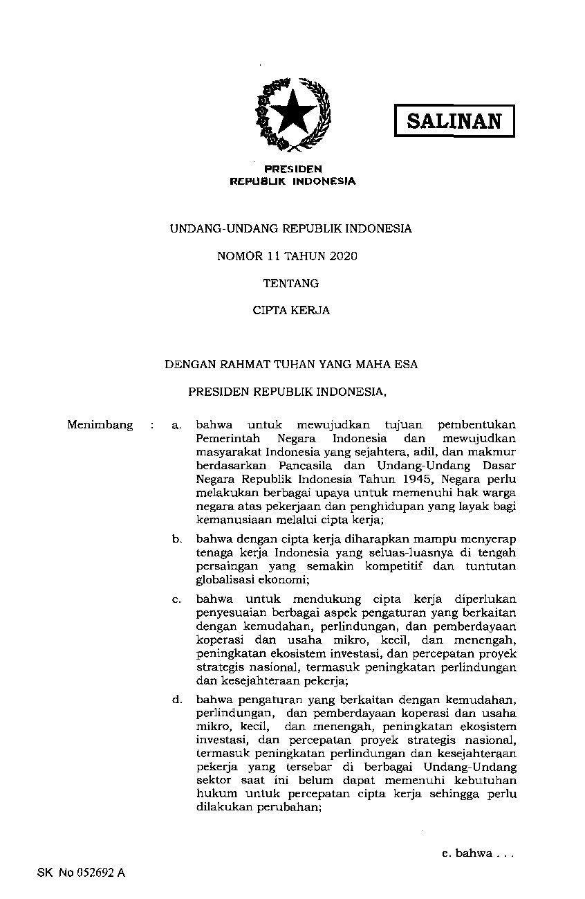 Undang Undang No 11 tahun 2020 tentang Cipta Kerja 