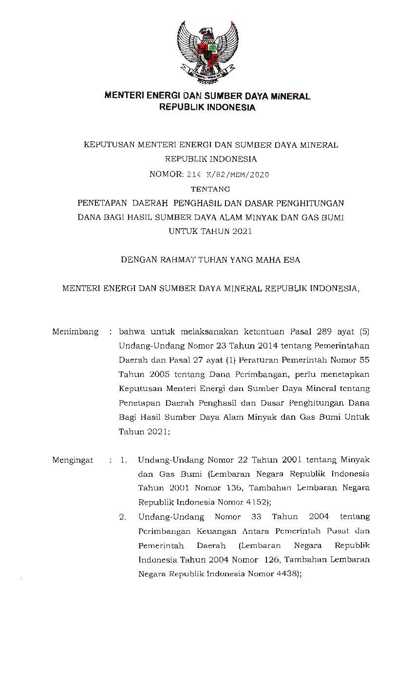 Keputusan Menteri Energi Dan Sumber Daya Mineral No 214 K/82/MEM/2020 ...