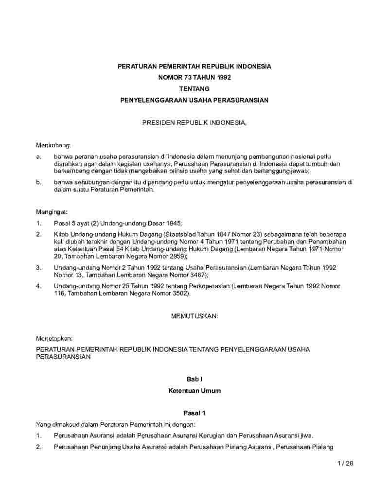 Peraturan Pemerintah No 73 tahun 1992 tentang Penyelenggaraan Usaha Perasuransian