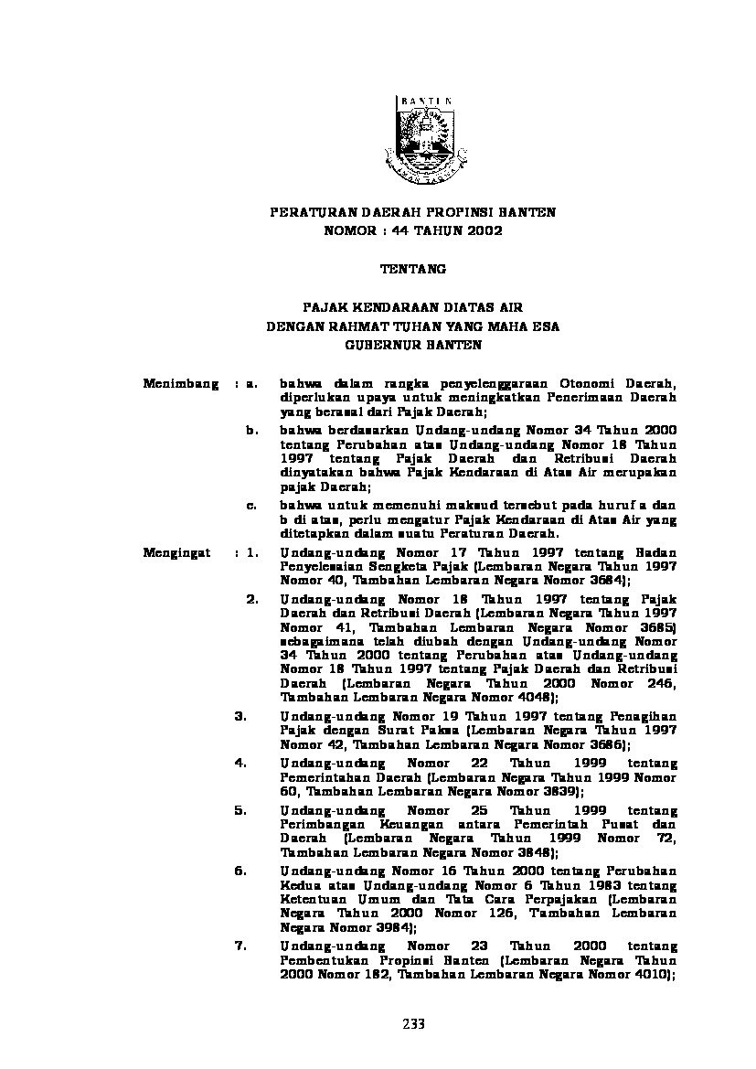 Peraturan Daerah Provinsi Banten No 44 tahun 2002 tentang Pajak Kendaraan Diatas Air