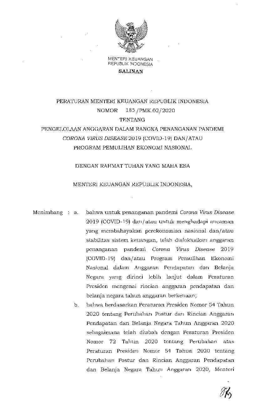 Peraturan Menteri Keuangan No 185 /PMK.02/2020 Tahun 2020 Tentang ...