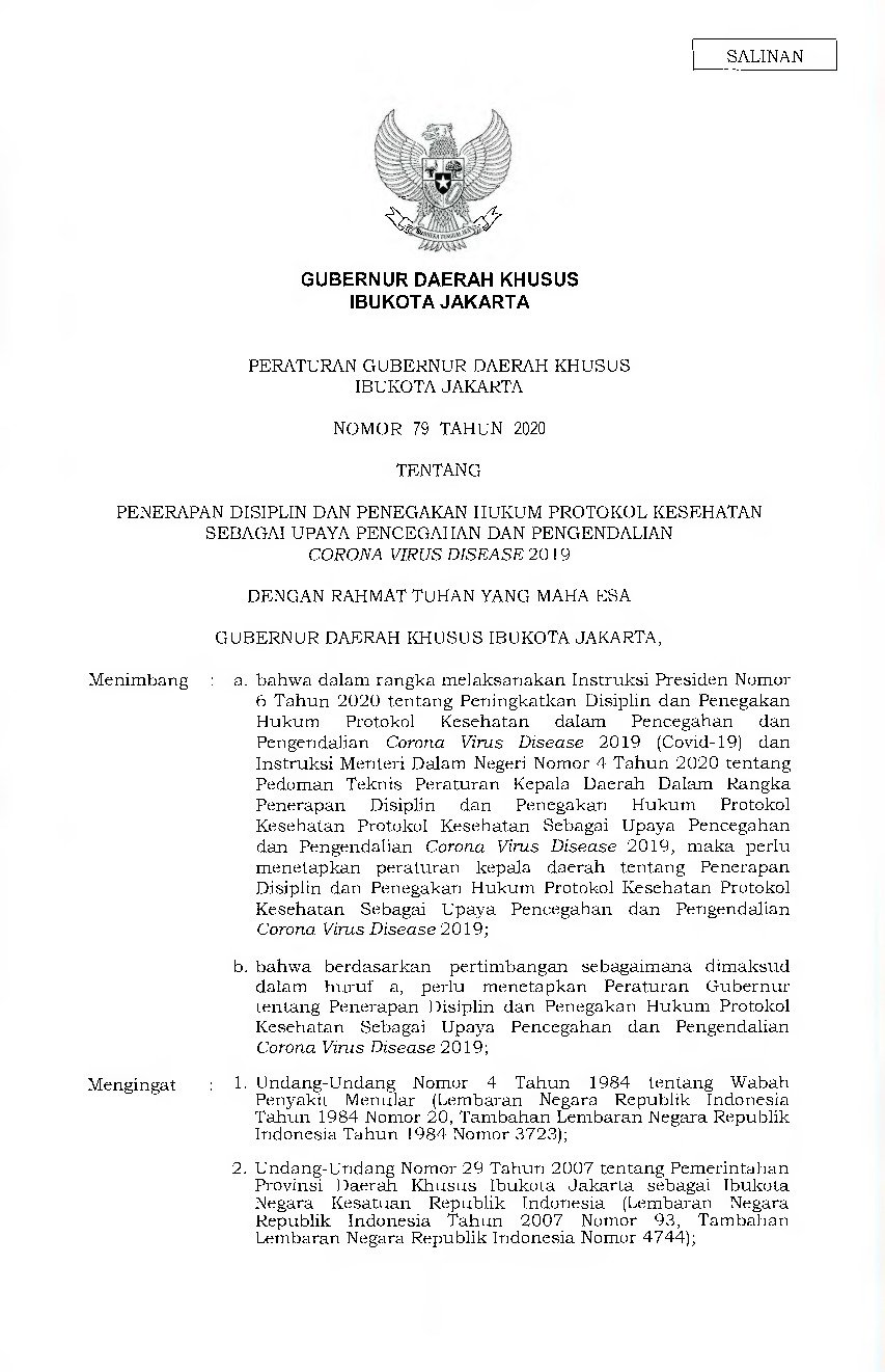 Peraturan Gubernur DKI Jakarta No 79 tahun 2020 tentang Penerapan Disiplin dan Penegakan Hukum Protokol Kesehatan Sebagai Upaya Pencegahan dan Pengendalian Corona Virus Disease 2019