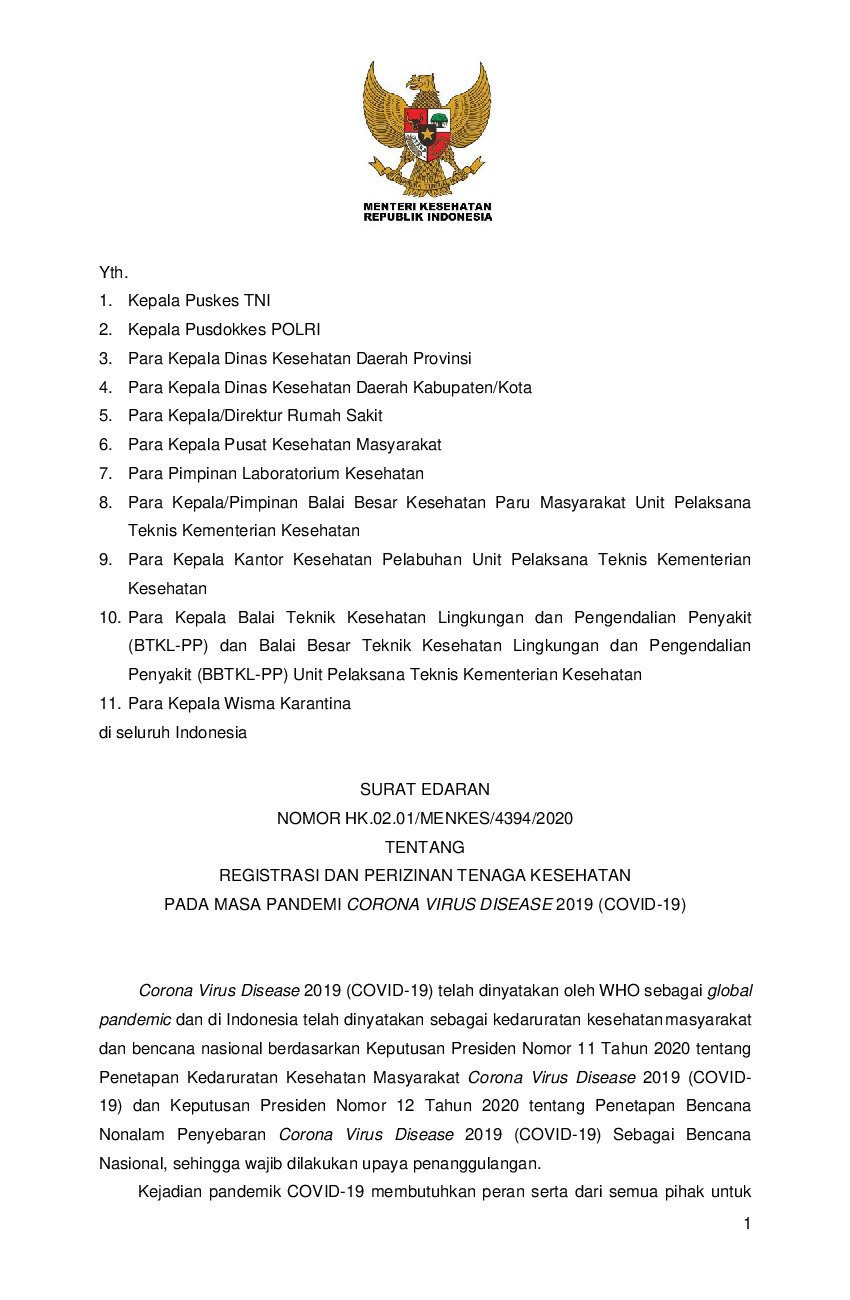 Surat Edaran Menteri Kesehatan No HK.02.01/MENKES/4394/2020 Tahun 2020 ...