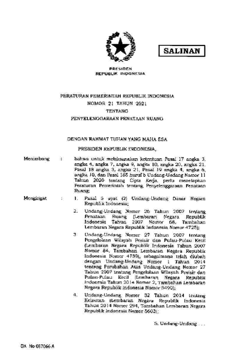 Peraturan Pemerintah No 21 tahun 2021 tentang Penyelenggaraan Penataan Ruang