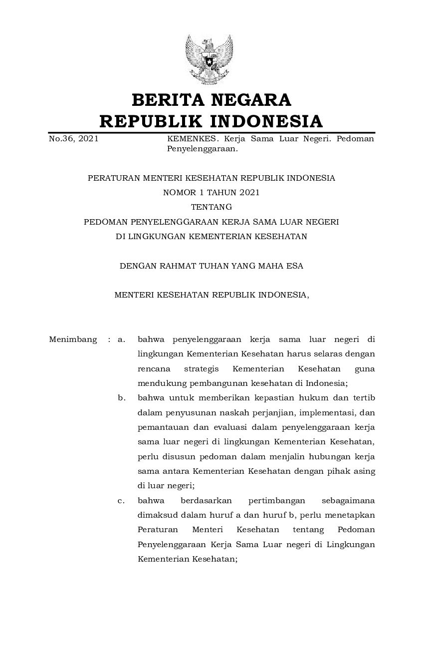 Peraturan Menteri Kesehatan No 1 tahun 2021 tentang Pedoman Penyelenggaraan Kerja Sama Luar Negeri di Lingkungan Kementerian Kesehatan