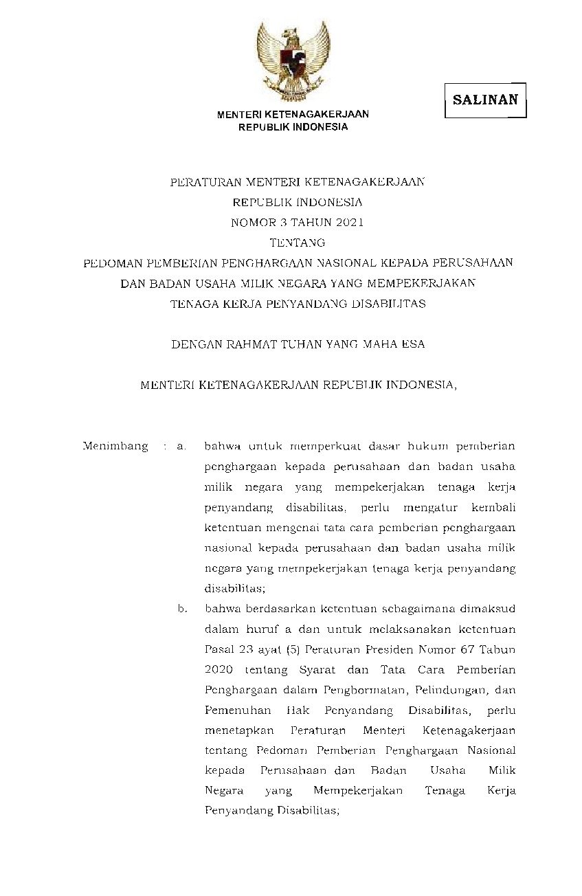 Peraturan Menteri Ketenagakerjaan No 3 tahun 2021 tentang Pedoman Pemberian Penghargaan Nasional kepada Perusahaan dan Badan Usaha Milik Negara yang Mempekerjakan Tenaga Kerja Penyandang Disabilitas