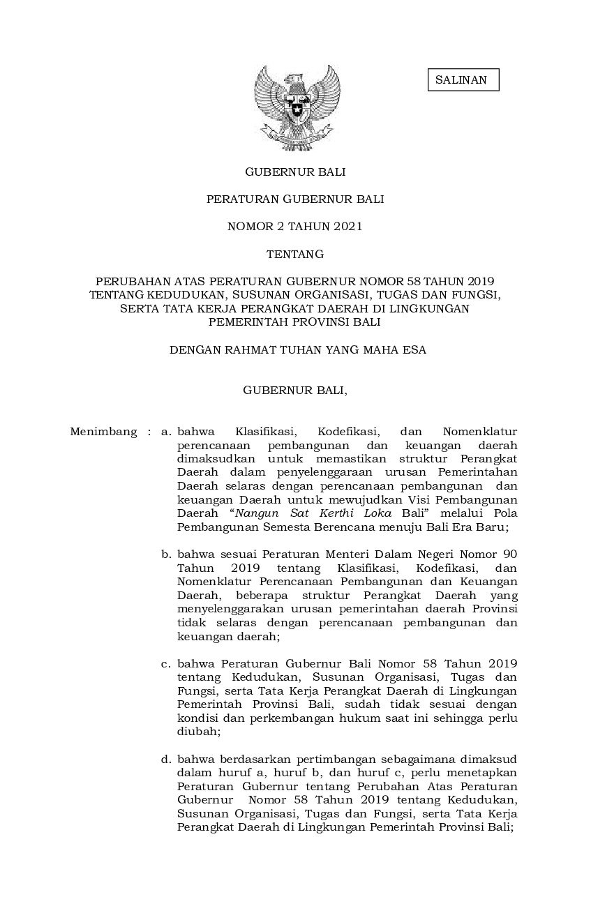 Peraturan Gubernur Bali No 2 Tahun 2021 Tentang Perubahan Atas Peraturan Gubernur Nomor 58 Tahun