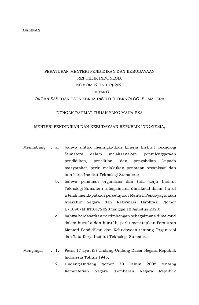 Peraturan Menteri Pendidikan, Kebudayaan, Riset, Dan Teknologi No 12 ...