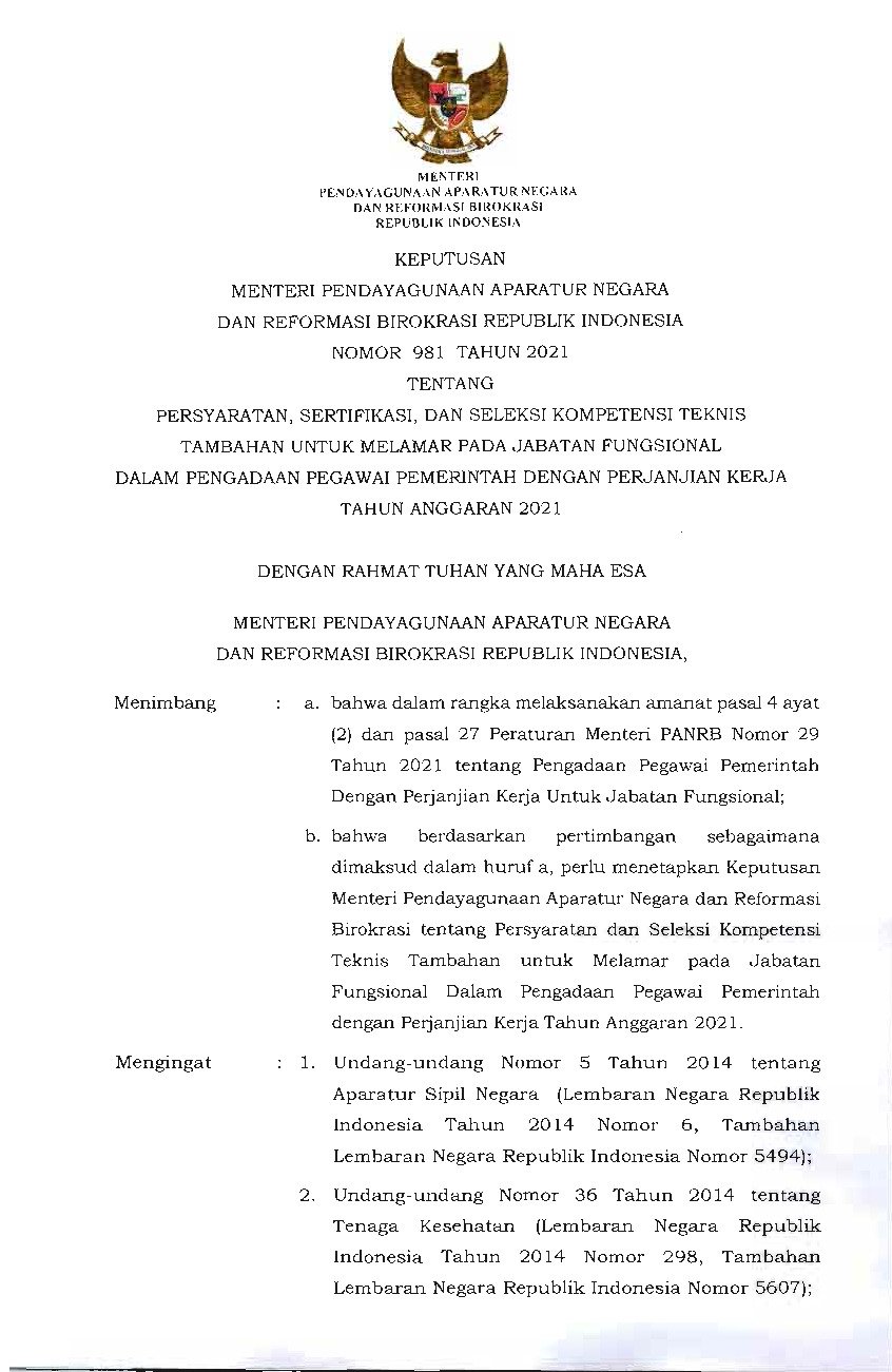 Keputusan Menteri Negara Pendayagunaan Aparatur Negara dan Reformasi Birokrasi No 981 tahun 2021 tentang Persyaratan, Sertifikasi, dan Seleksi Kompetensi Teknis Tam Bahan untuk Melamar pada Jabatan Fungsional dalam Pengadaan Pegawai Pemerintah dengan Perjanjian Kerja Tahun Anggaran 2021