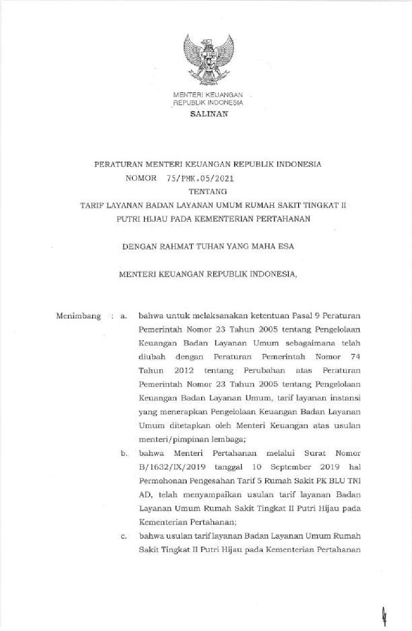 Peraturan Menteri Keuangan No 75 Pmk 05 2021 Tahun 2021 Tentang Tarif