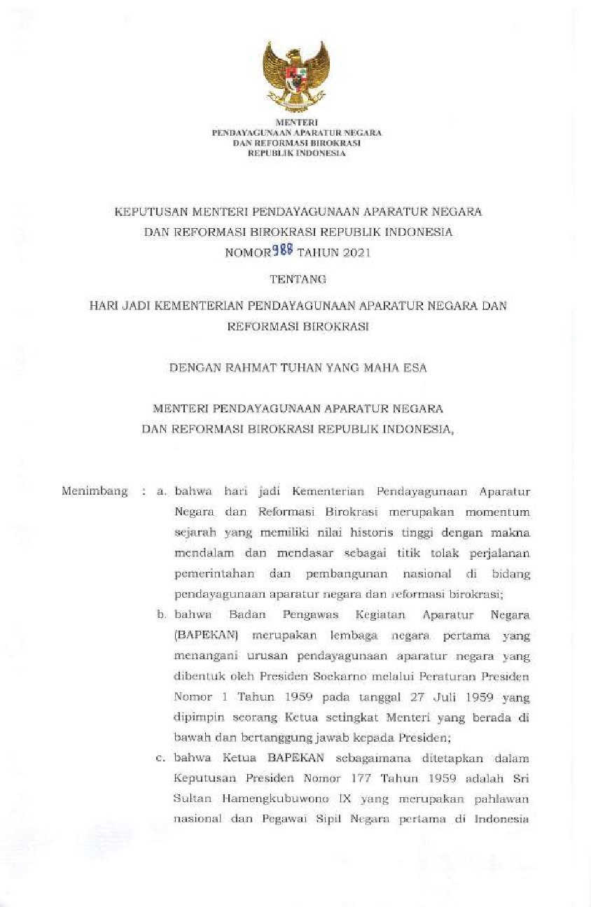 Keputusan Menteri Negara Pendayagunaan Aparatur Negara dan Reformasi Birokrasi No 988 tahun 2021 tentang Hari Jadi Kementerian Pendayagunaan Aparatur Negara dan Reformasi Birokrasi
