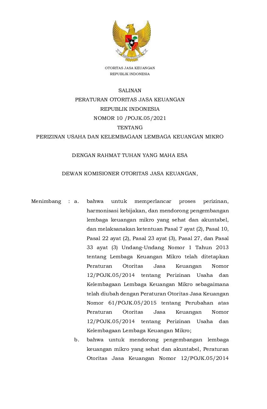 Peraturan Otoritas Jasa Keuangan (OJK) No 10/POJK.05/2021 tahun 2021 tentang Perizinan Usaha dan Kelembagaan Lembaga Keuangan Mikro