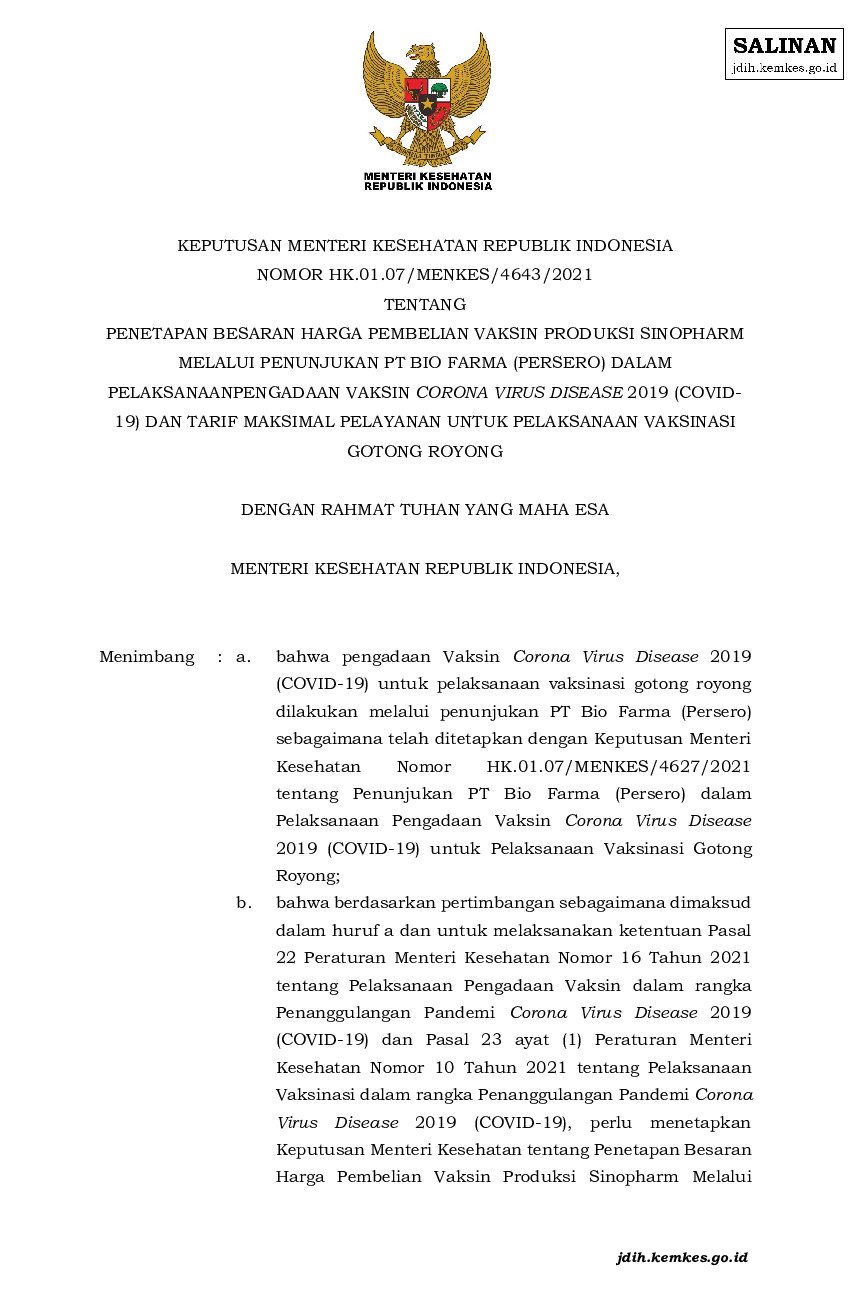 Keputusan Menteri Kesehatan No HK.01.07/MENKES/4643/2021 Tahun 2021 ...