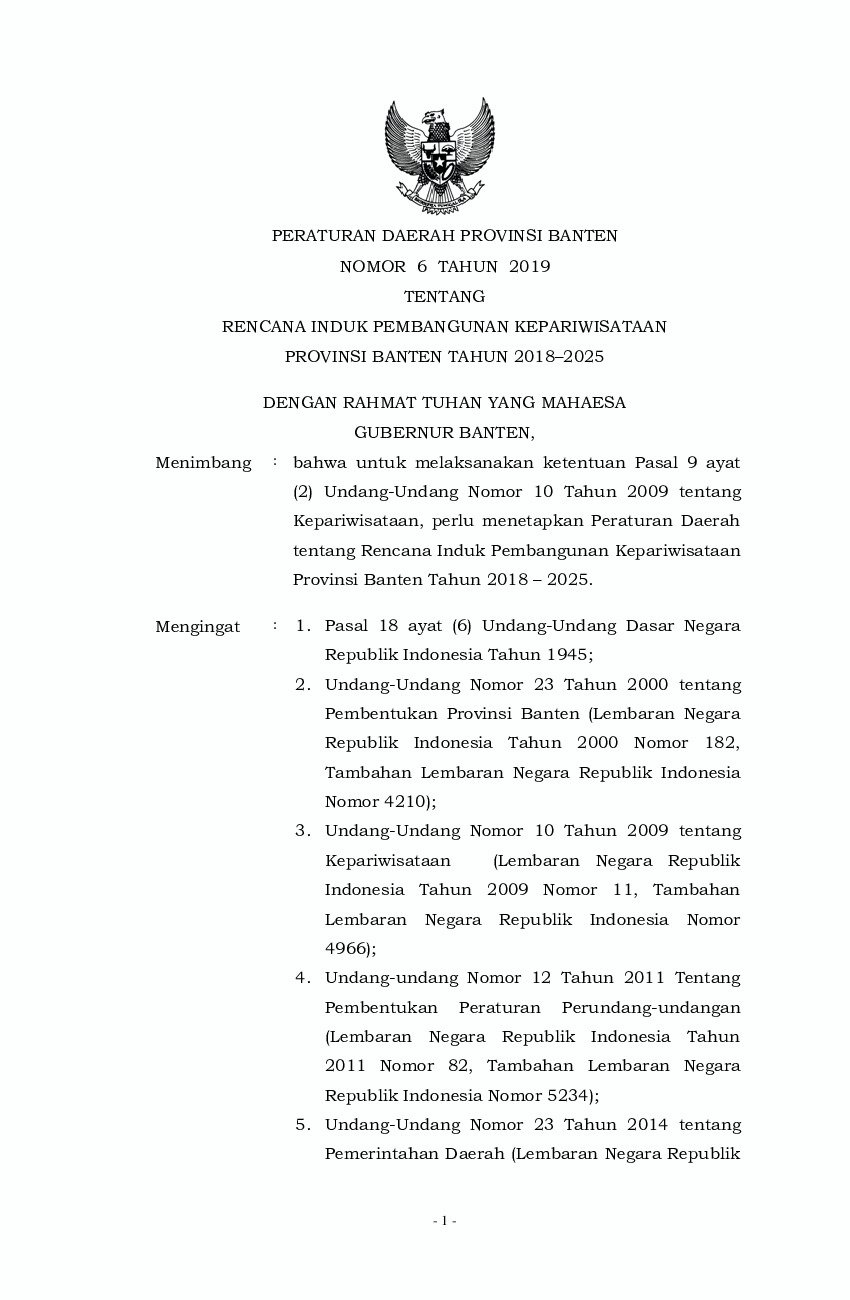 Peraturan Daerah Provinsi Banten No 6 tahun 2019 tentang Rencana Induk Pembangunan Kepariwisataan Provinsi Banten Tahun 2018–2025