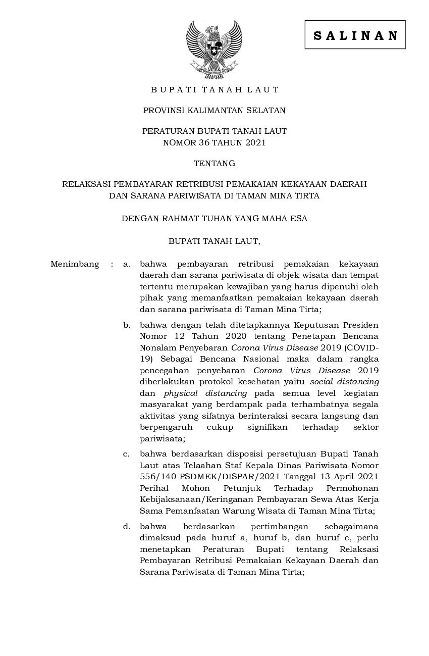 Peraturan Bupati Tanah Laut No 36 Tahun 2021 Tentang Relaksasi Pembayaran Retribusi Pemakaian 2975