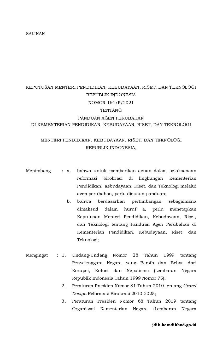 Keputusan Menteri Pendidikan Dan Kebudayaan No 164 P 2021 Tahun 2021