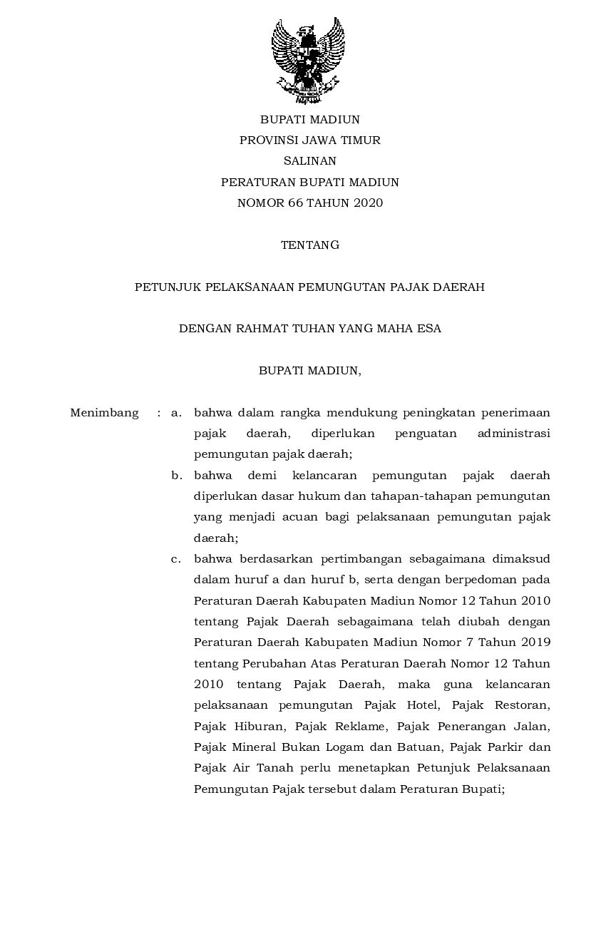 Peraturan Bupati Madiun No 66 tahun 2020 tentang Petunjuk Pelaksanaan