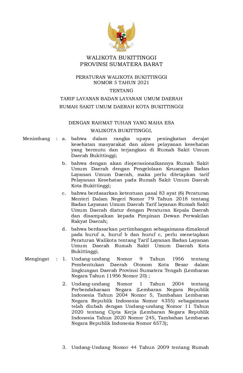 Peraturan Walikota Bukittinggi No 5 tahun 2021 tentang Tarif Layanan Badan Layanan Umum Daerah Rumah Sakit Umum Daerah Kota Bukittinggi